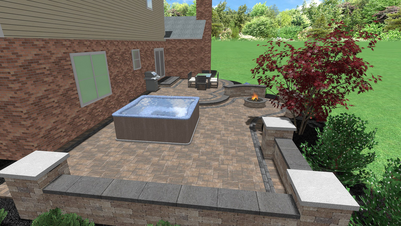 Patio with hot tub and fire pit