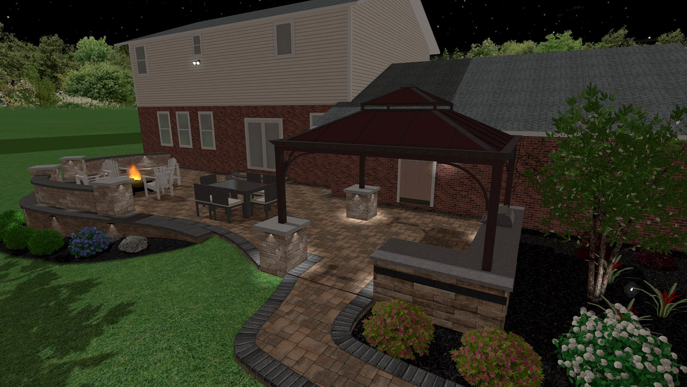 Pavilion patio with fire pit at night