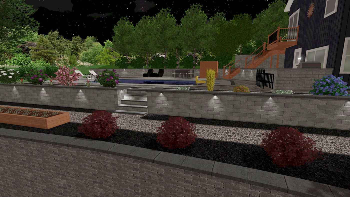 Retaining wall with pool landscape at night